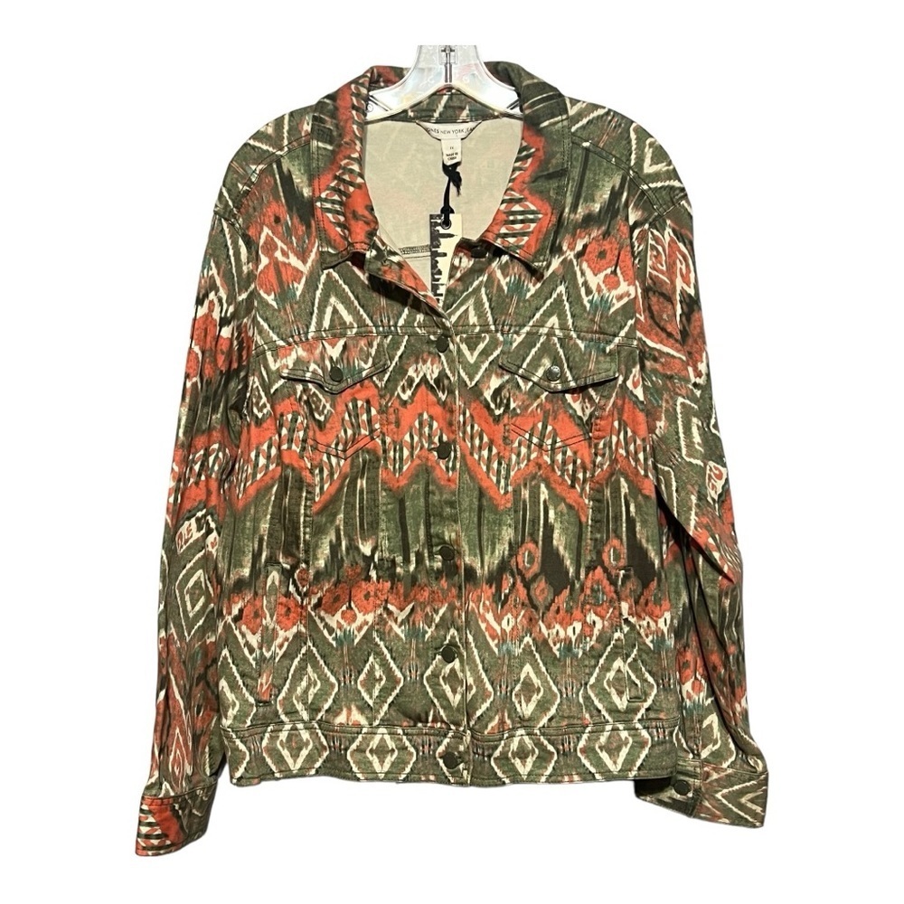 Jones New York Prince Street Denim Ikat Printed Button Front Jacket Green 2X